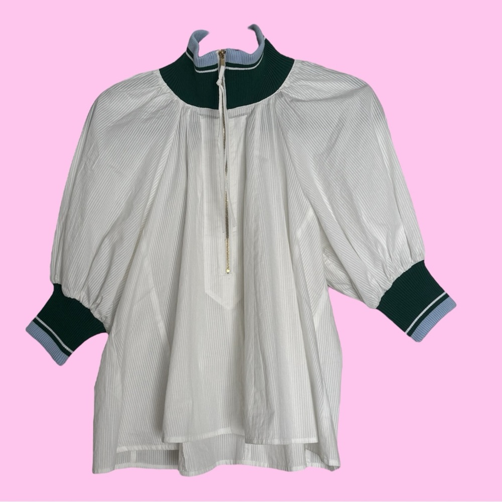 Maeve White Pinstripe Puff Sleeve Blouse with Forest Green Trim